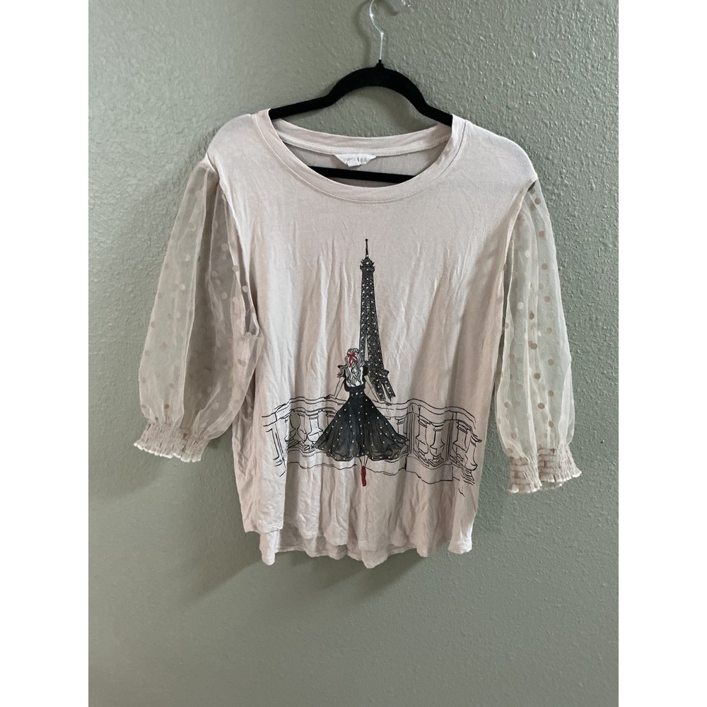 Love & Lace Paris Eiffel Tower Graphic Top Sheer Polka Dot Puff Sleeve XL